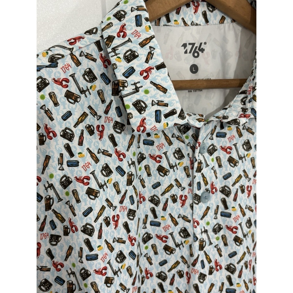 1764 Golf Shirt Mens Extra Large White Polo Beer & Lobster AOP Performance 0622